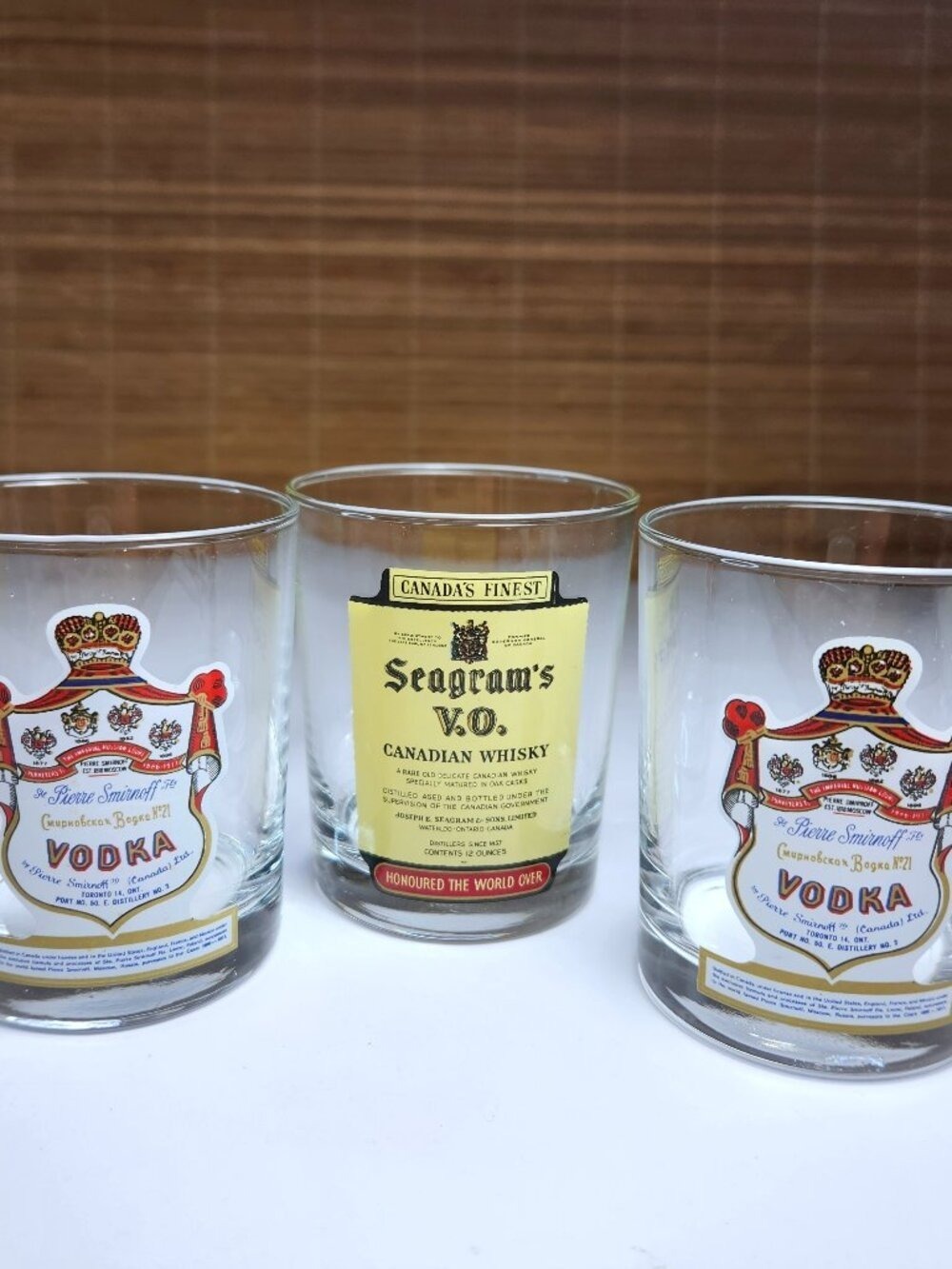 Vintage Barware Glasses Seagrams VO Whisky Pierre Smirnoff Vodka Lowball Lot 3pc